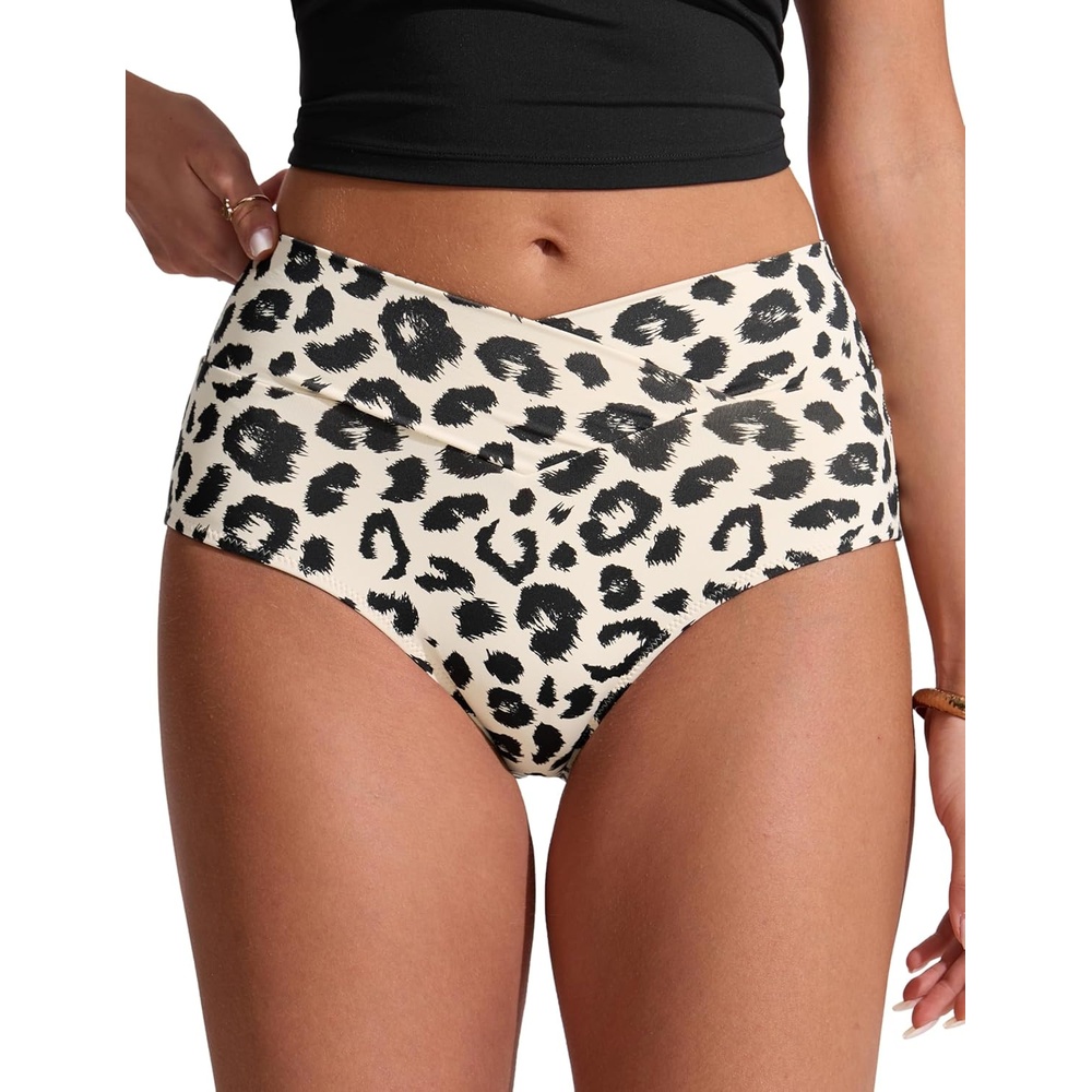 image:imageCRZ YOGA High Waisted V Cut Bikini Bottom for Women Cross Front Bathing Swimsuit Full Coverage Swim BriefsPrimulin Leopard Print