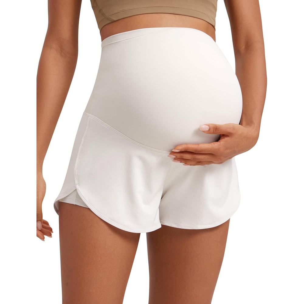 image:imageCRZ YOGA Lightweight Maternity Dolphin Workout Shorts 3 Soft Athletic Running Casual Womens Pregnancy with Liner PocketsMilky White