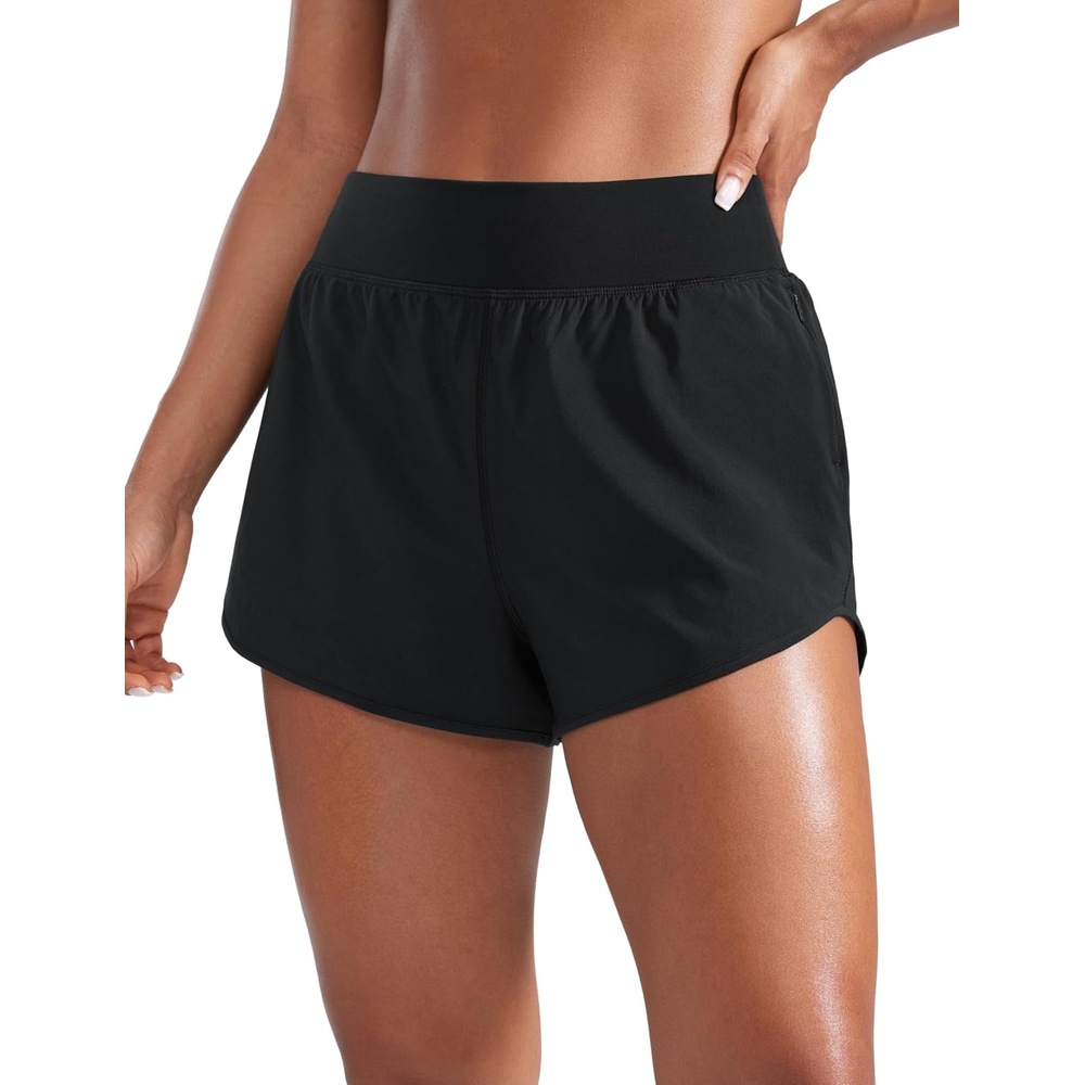 image:imageCRZ YOGA Mid Flat Waisted Running Shorts for Women 3 Mesh Liner Quick Dry for Workout Sport Athletic with Zipper PocketBlack