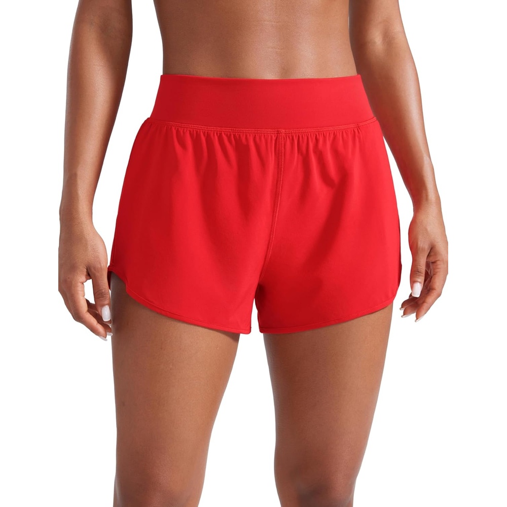 image:imageCRZ YOGA Mid Flat Waisted Running Shorts for Women 3 Mesh Liner Quick Dry for Workout Sport Athletic with Zipper PocketDeep Red