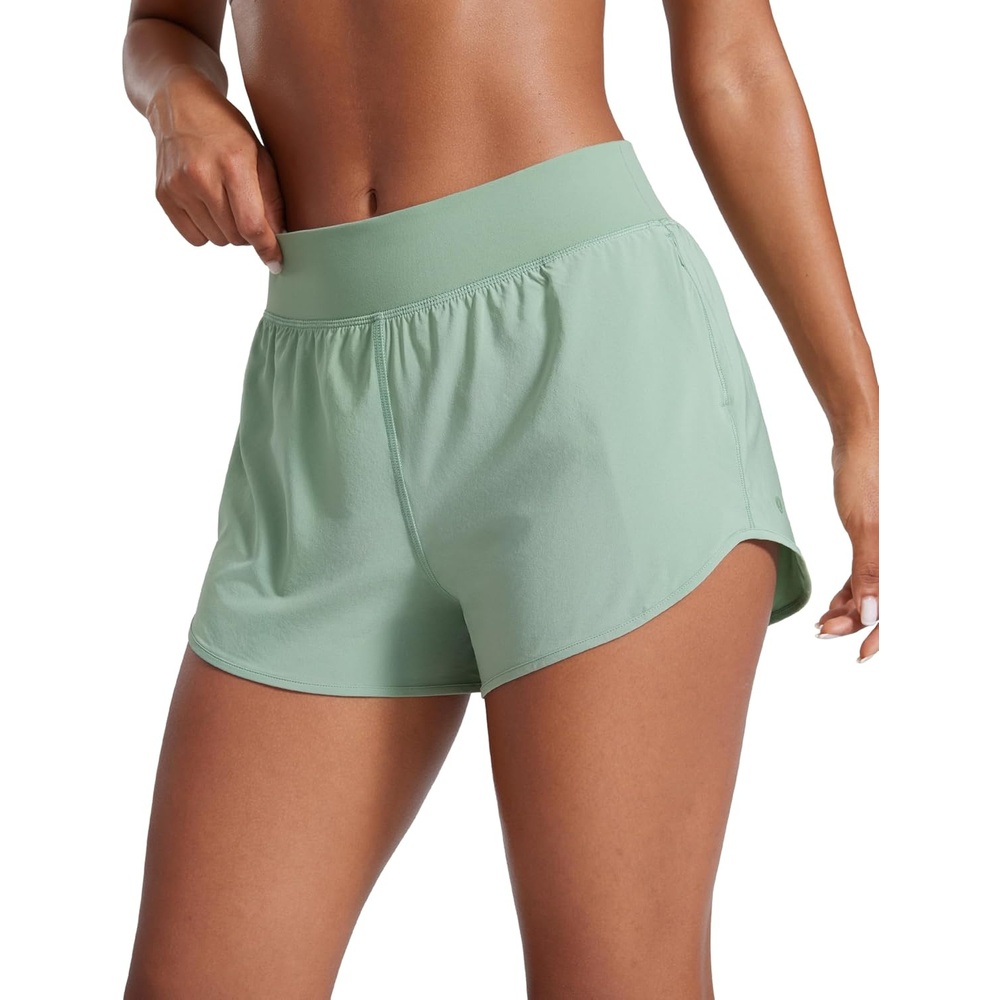 image:imageCRZ YOGA Mid Flat Waisted Running Shorts for Women 3 Mesh Liner Quick Dry for Workout Sport Athletic with Zipper PocketGreen Palm Court