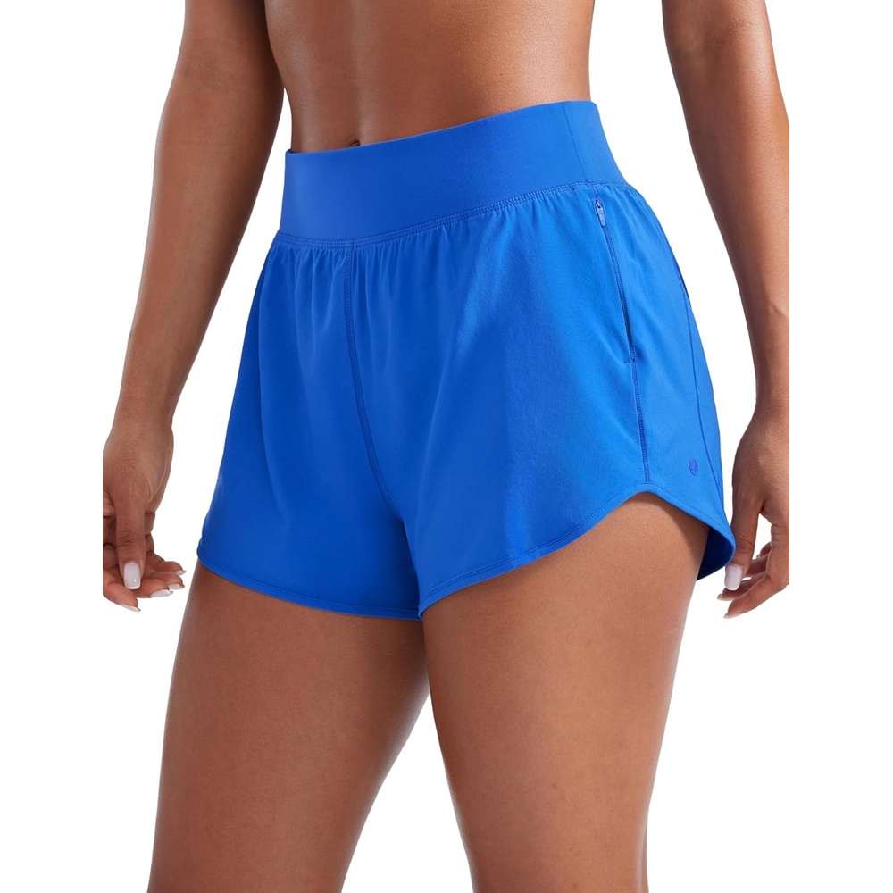 image:imageCRZ YOGA Mid Flat Waisted Running Shorts for Women 3 Mesh Liner Quick Dry for Workout Sport Athletic with Zipper PocketSparkle Blue