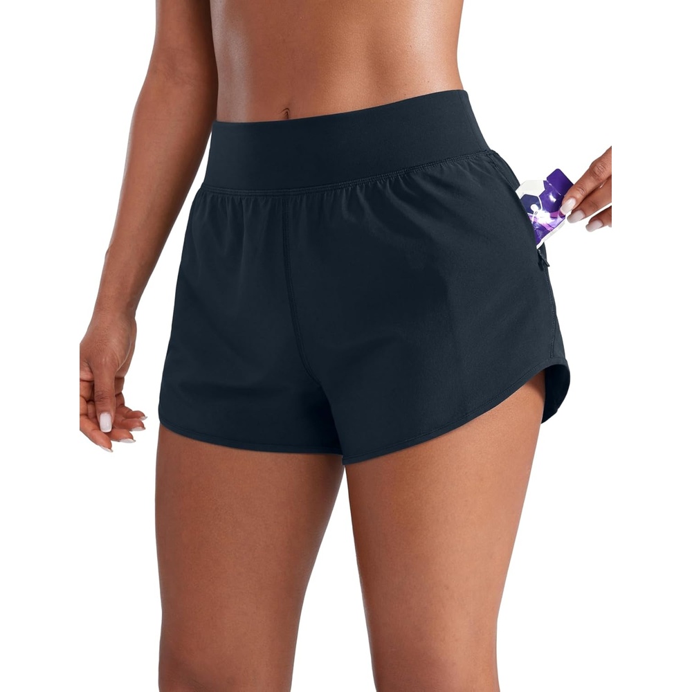 image:imageCRZ YOGA Mid Flat Waisted Running Shorts for Women 3 Mesh Liner Quick Dry for Workout Sport Athletic with Zipper PocketTrue Navy