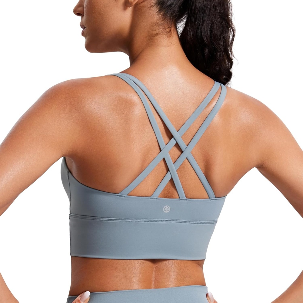 image:imageCRZ YOGA Naked Feeling Strappy Longline Sports Bras for Women Medium Impact Criss Cross Yoga Padded Workout Crop TopBelgian Blue