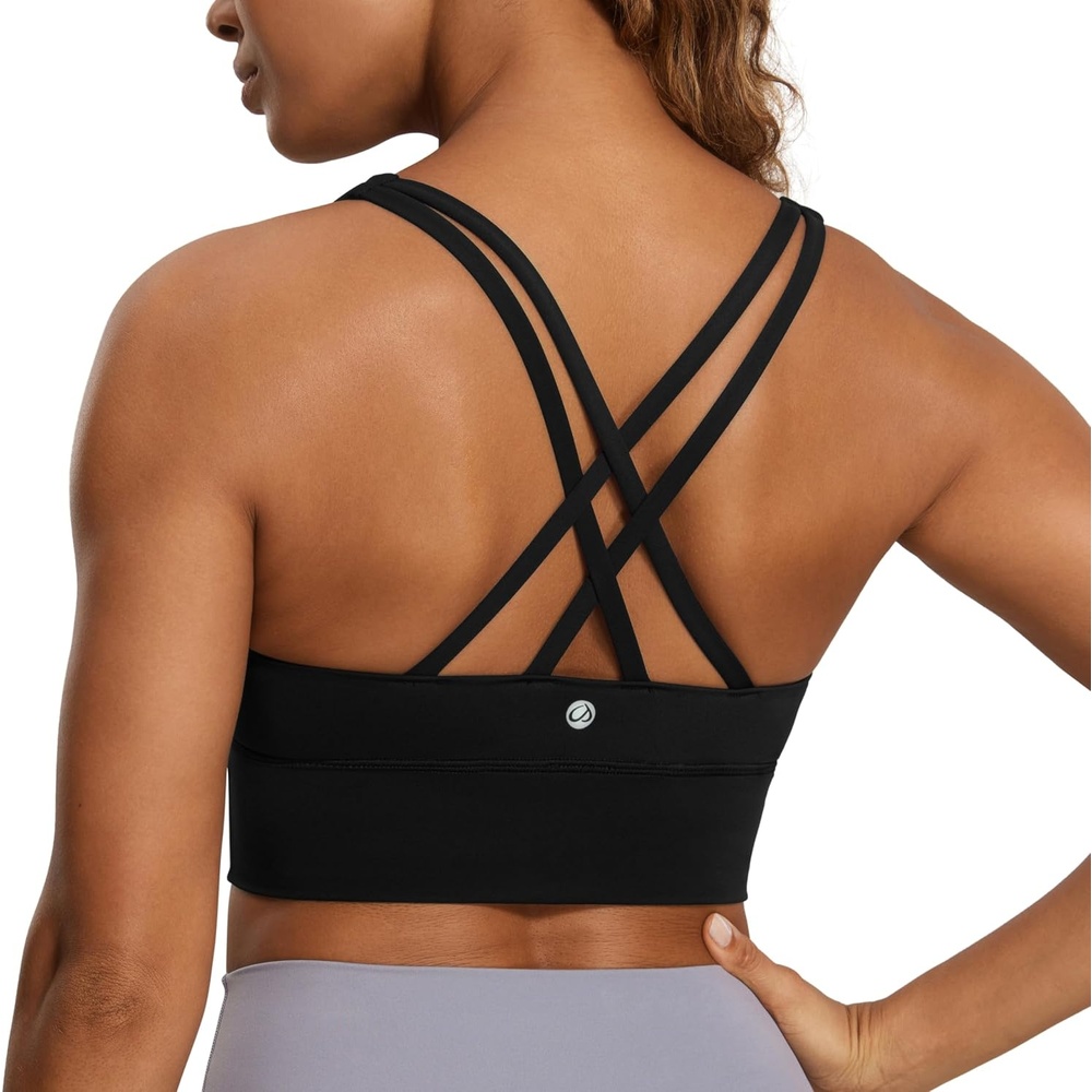 image:imageCRZ YOGA Naked Feeling Strappy Longline Sports Bras for Women Medium Impact Criss Cross Yoga Padded Workout Crop TopBlack