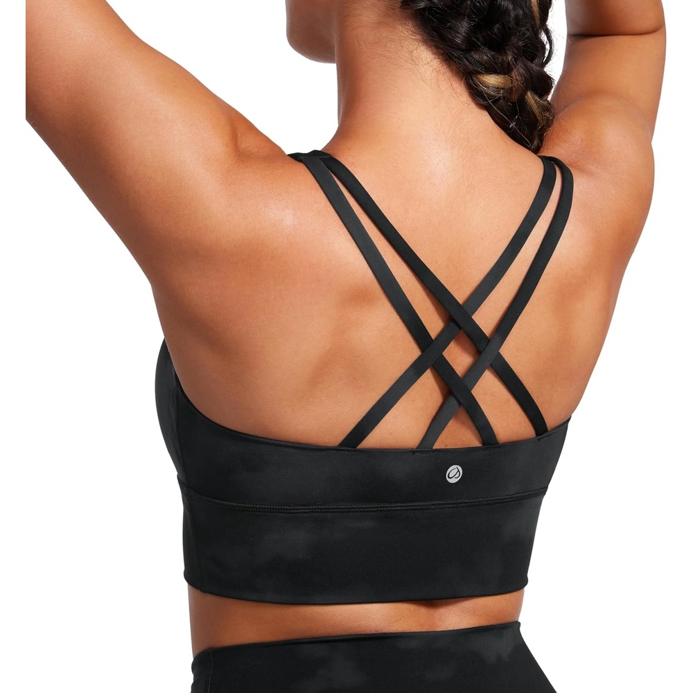 image:imageCRZ YOGA Naked Feeling Strappy Longline Sports Bras for Women Medium Impact Criss Cross Yoga Padded Workout Crop TopBlack Tie Dye Flowers
