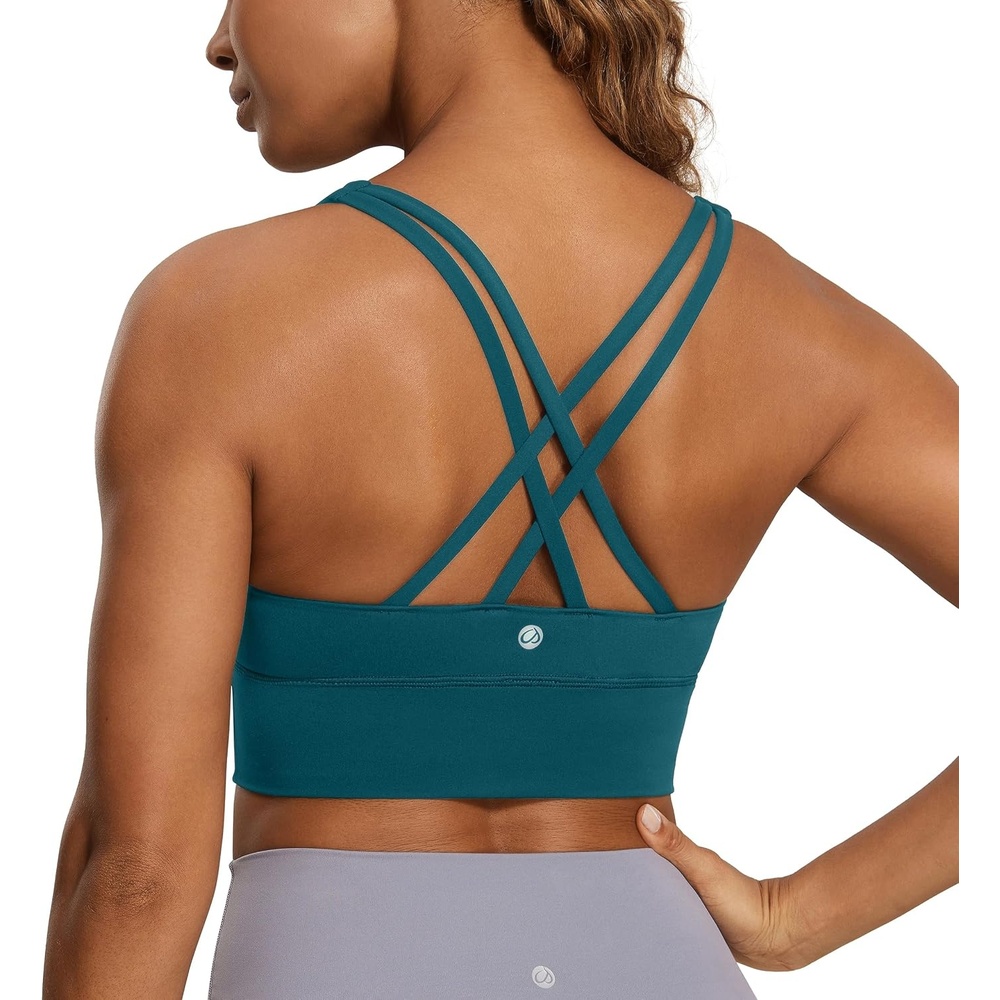 image:imageCRZ YOGA Naked Feeling Strappy Longline Sports Bras for Women  Medium Impact Criss Cross Yoga Padded Workout Crop TopBorealis Green