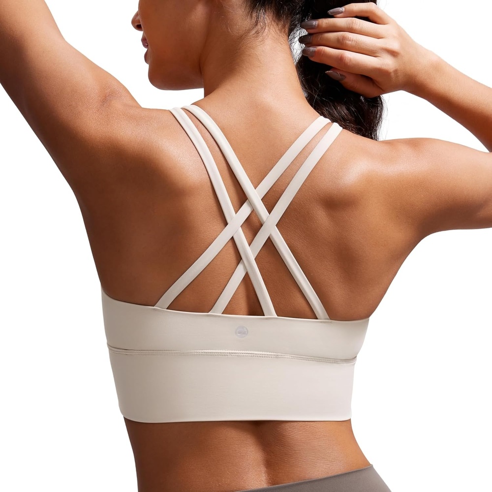 image:imageCRZ YOGA Naked Feeling Strappy Longline Sports Bras for Women Medium Impact Criss Cross Yoga Padded Workout Crop TopMojave Tan