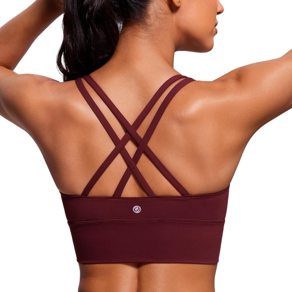 image:imageCRZ YOGA Naked Feeling Strappy Longline Sports Bras for Women Medium Impact Criss Cross Yoga Padded Workout Crop TopRed Merlot