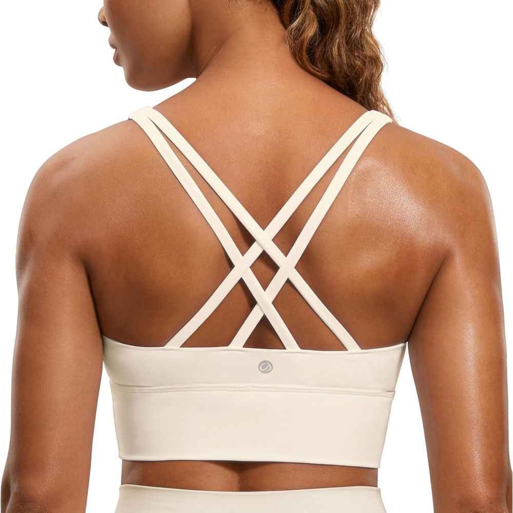 image:imageCRZ YOGA Naked Feeling Strappy Longline Sports Bras for Women Medium Impact Criss Cross Yoga Padded Workout Crop TopWhite Apricot