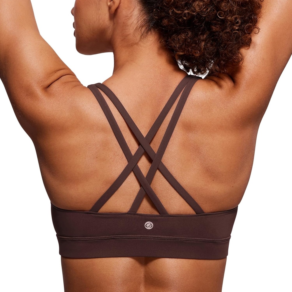 image:imageCRZ YOGA Naked Feeling Strappy Padded Sports Bras for Women Fitness Workout Top Criss Cross Back Yoga CamiHot Fudge Brown
