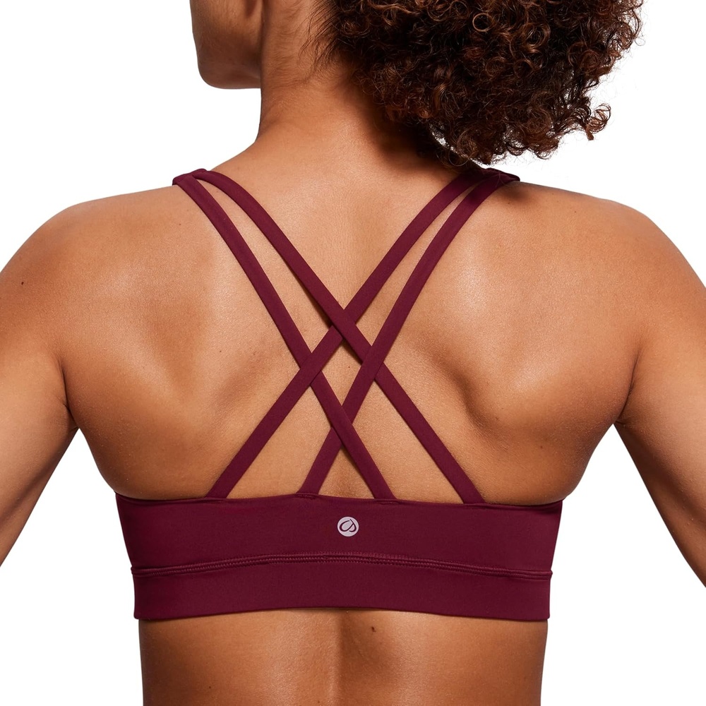 image:imageCRZ YOGA Naked Feeling Strappy Padded Sports Bras for Women Fitness Workout Top Criss Cross Back Yoga CamiRed Merlot
