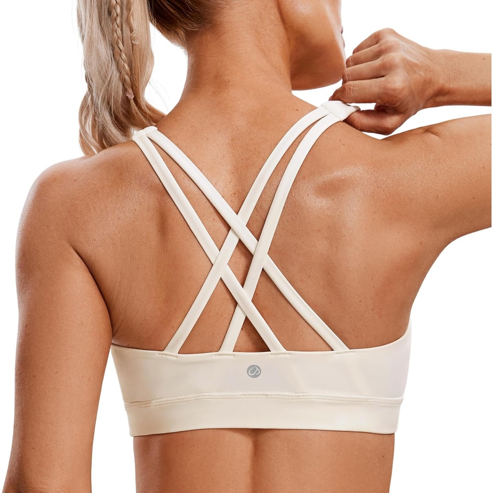 image:imageCRZ YOGA Naked Feeling Strappy Padded Sports Bras for Women Fitness Workout Top Criss Cross Back Yoga CamiWhite Apricot