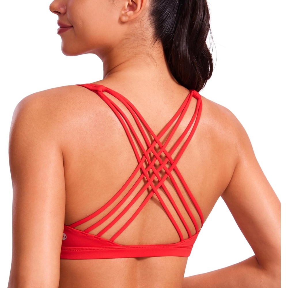 image:imageCRZ YOGA Naked Feeling Strappy Sports Bras for Women  Criss Cross Back Wireless Padded Cami Yoga Workout TopDeep Red