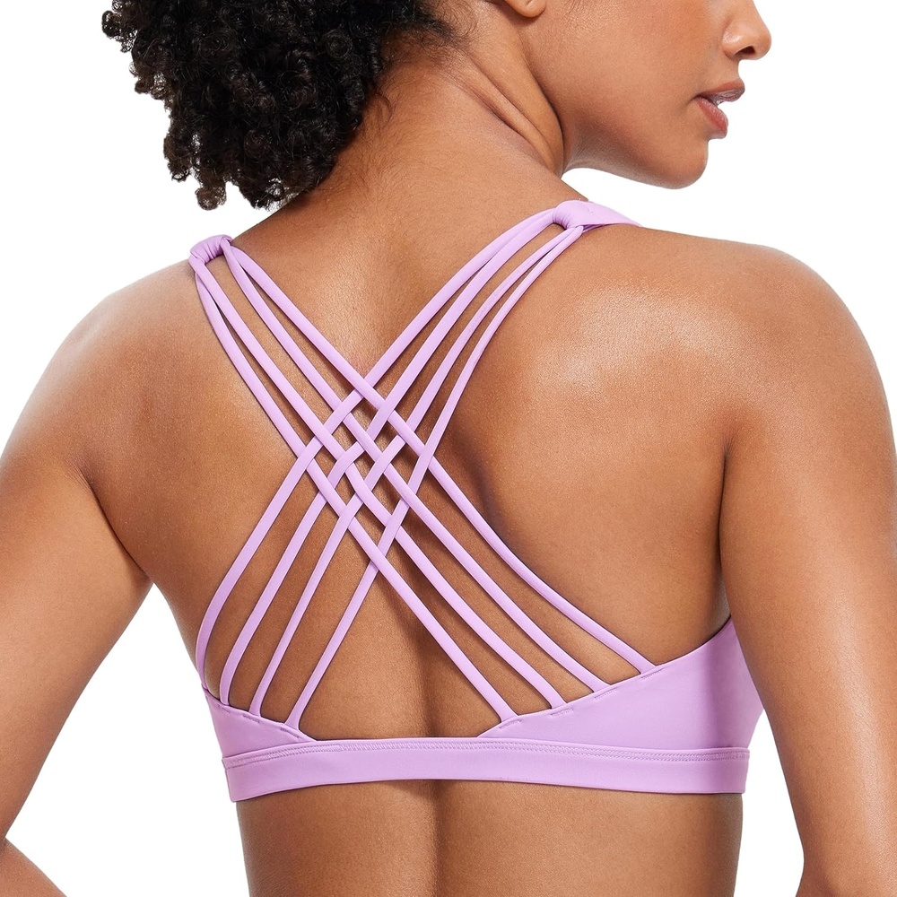 image:imageCRZ YOGA Naked Feeling Strappy Sports Bras for Women  Criss Cross Back Wireless Padded Cami Yoga Workout TopLilac