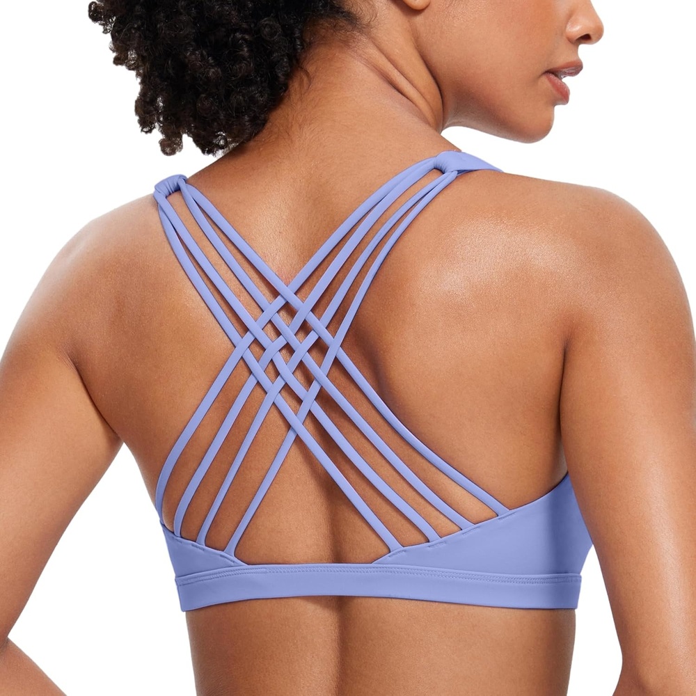 image:imageCRZ YOGA Naked Feeling Strappy Sports Bras for Women  Criss Cross Back Wireless Padded Cami Yoga Workout TopPeriwinkle Purple