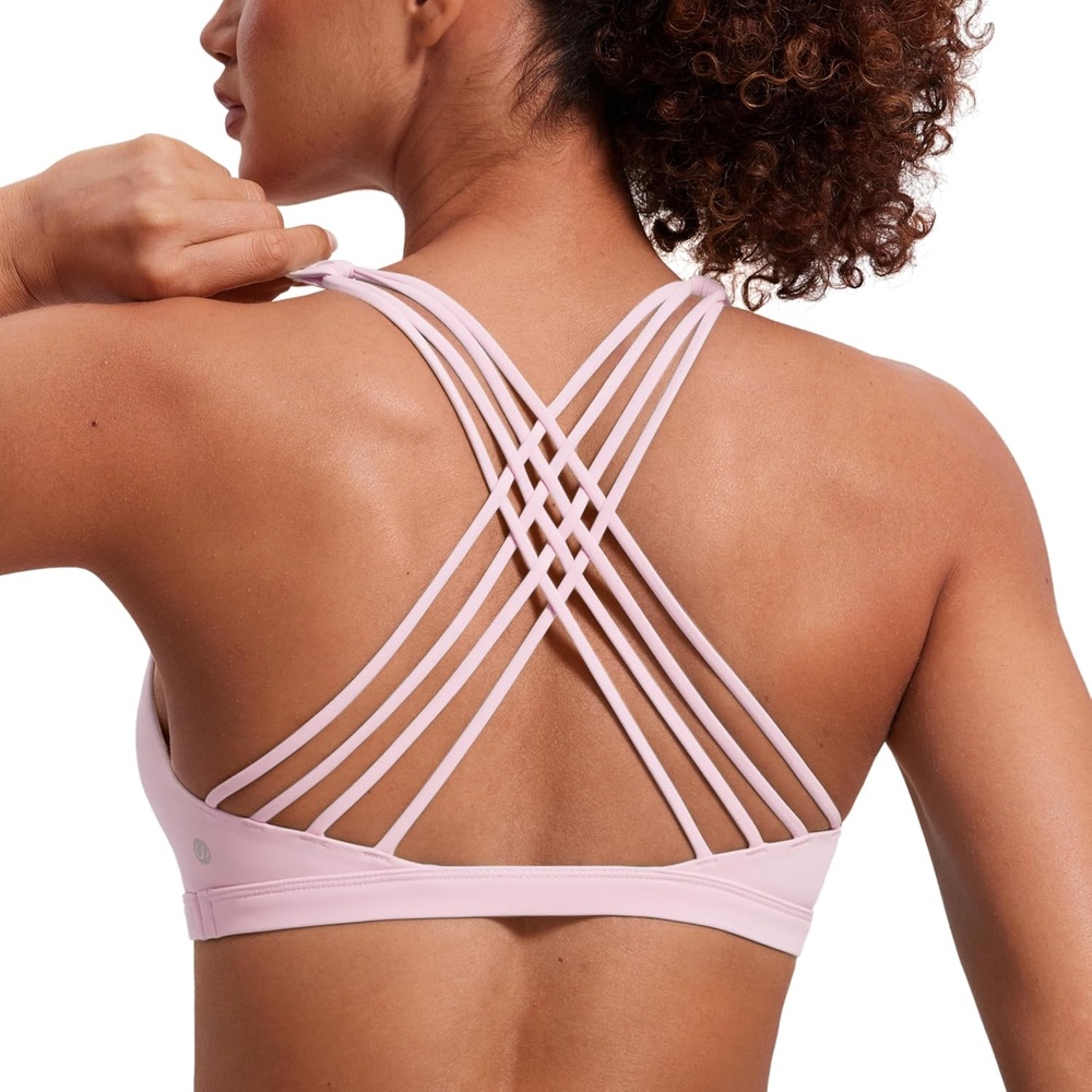 image:imageCRZ YOGA Naked Feeling Strappy Sports Bras for Women  Criss Cross Back Wireless Padded Cami Yoga Workout TopStrawberry Pink