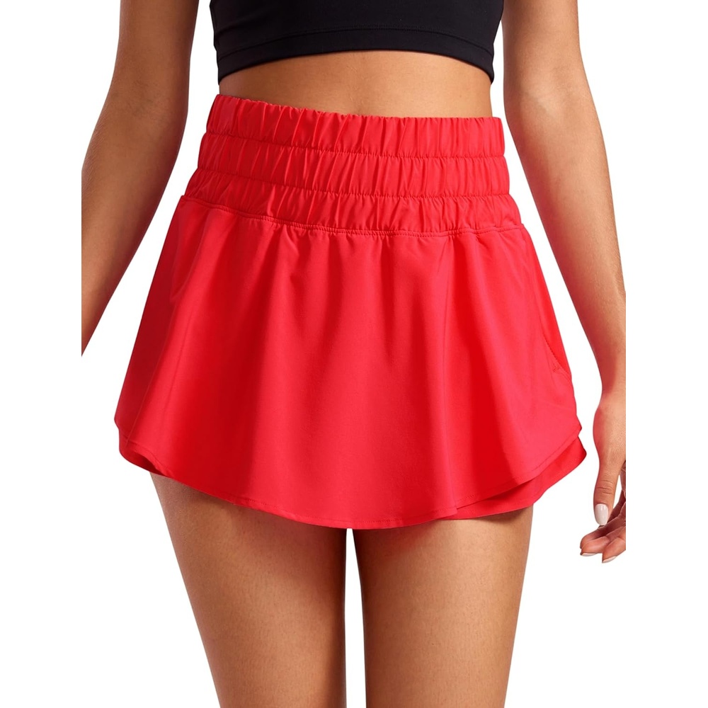 image:imageCRZ YOGA Ruffle Skirt Overlay Athletic Shorts for Women High Waisted Flowy for Workout Running Tennis with Zip PocketDeep Red