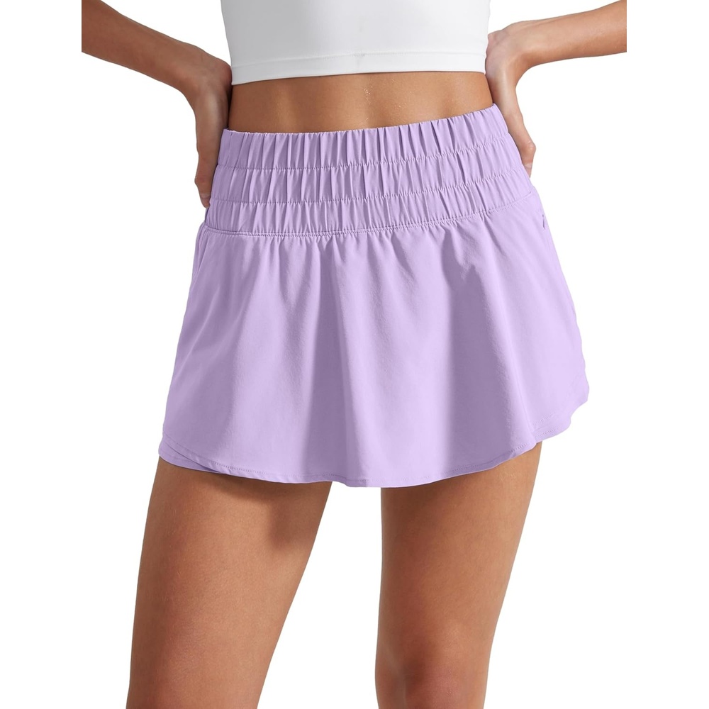image:imageCRZ YOGA Ruffle Skirt Overlay Athletic Shorts for Women High Waisted Flowy for Workout Running Tennis with Zip PocketLilac