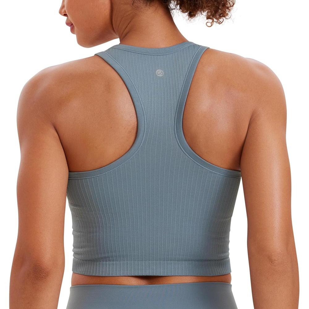 image:imageCRZ YOGA Seamless Ribbed High Neck Crop Tank Tops for Women Longline Racerback Padded Sports BrasBelgian Blue