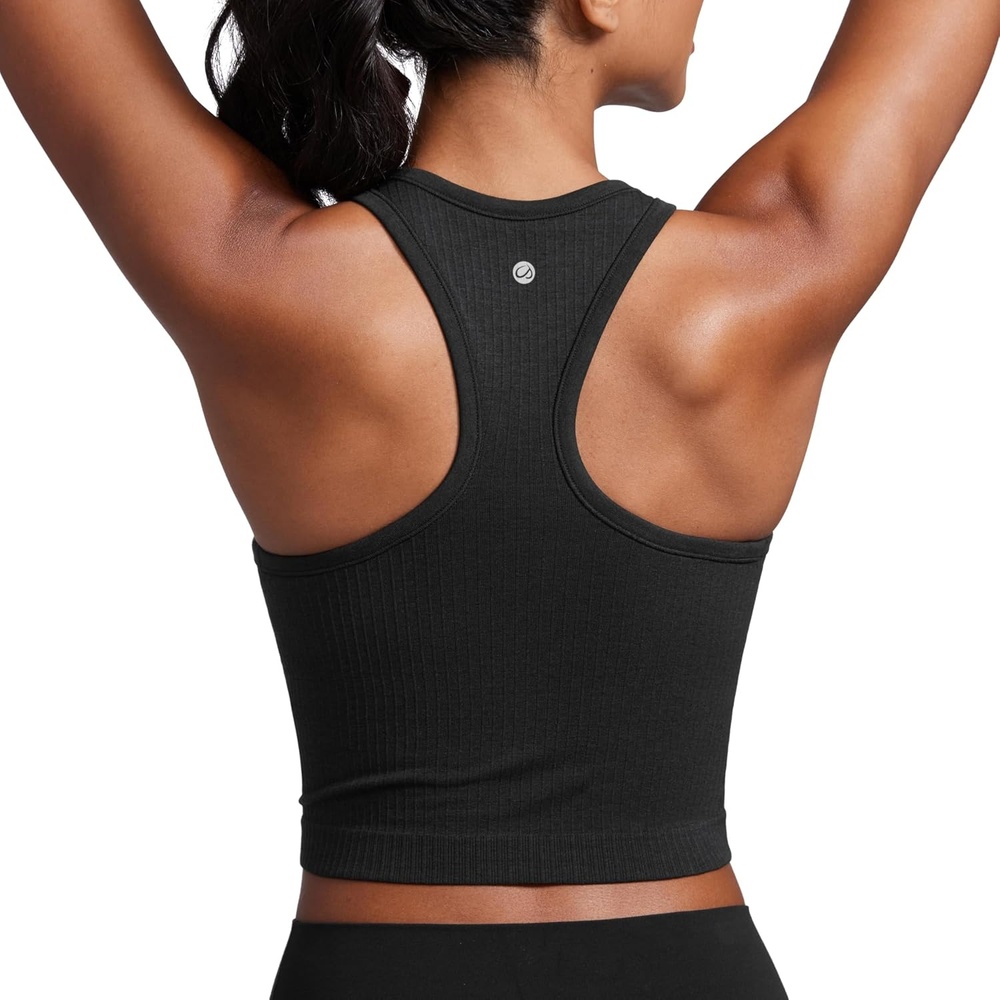 image:imageCRZ YOGA Seamless Ribbed High Neck Crop Tank Tops for Women Longline Racerback Padded Sports BrasBlack