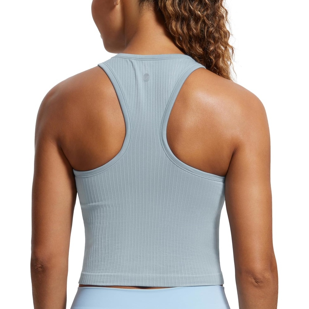 image:imageCRZ YOGA Seamless Ribbed High Neck Crop Tank Tops for Women Longline Racerback Padded Sports BrasCambric Blue