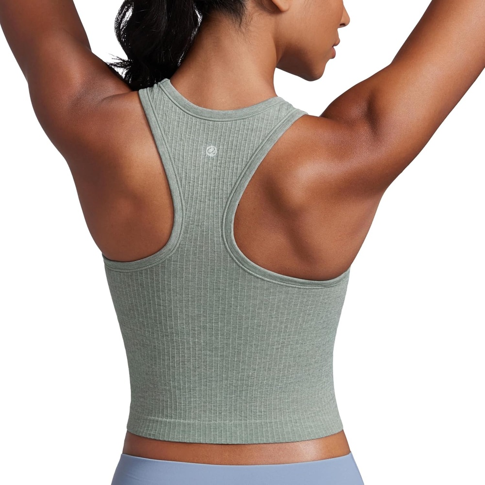 image:imageCRZ YOGA Seamless Ribbed High Neck Crop Tank Tops for Women Longline Racerback Padded Sports BrasDark Green Heather