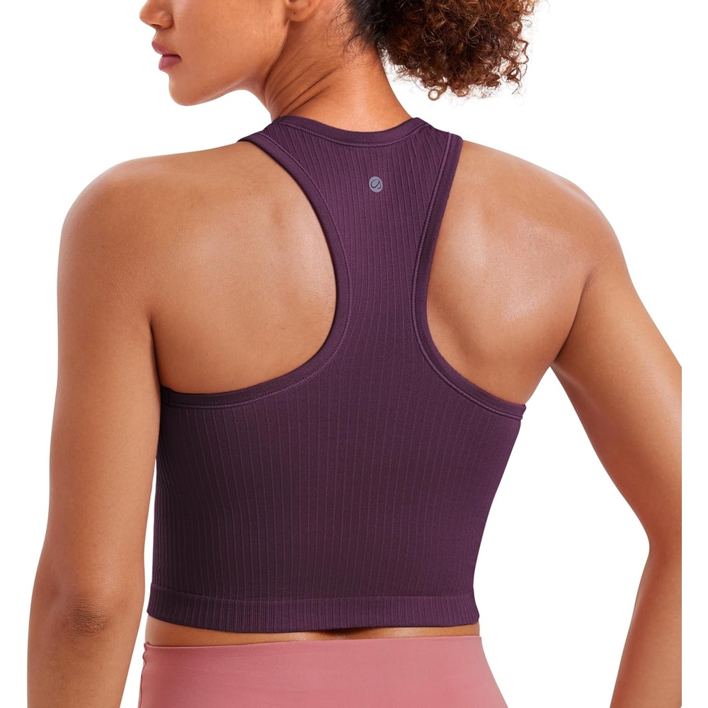 image:imageCRZ YOGA Seamless Ribbed High Neck Crop Tank Tops for Women  Longline Racerback Padded Sports BrasDeep Purple