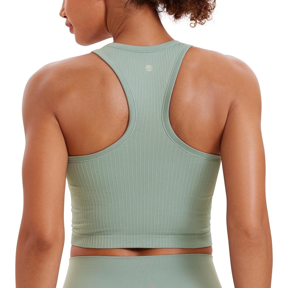 image:imageCRZ YOGA Seamless Ribbed High Neck Crop Tank Tops for Women Longline Racerback Padded Sports BrasGreen Palm Court