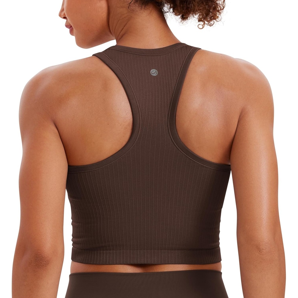 image:imageCRZ YOGA Seamless Ribbed High Neck Crop Tank Tops for Women  Longline Racerback Padded Sports BrasHot Fudge Brown