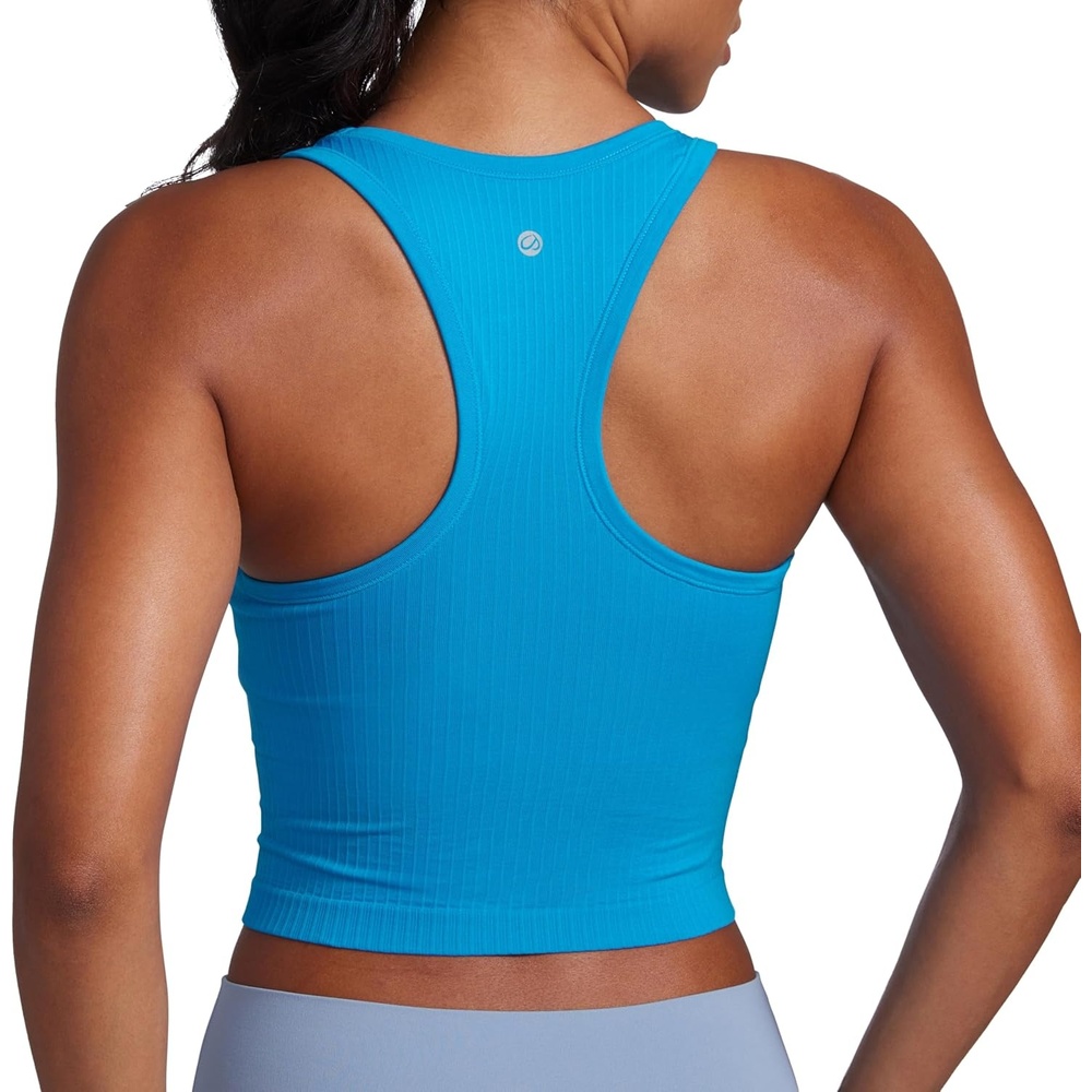 image:imageCRZ YOGA Seamless Ribbed High Neck Crop Tank Tops for Women Longline Racerback Padded Sports BrasMadagascar Blue