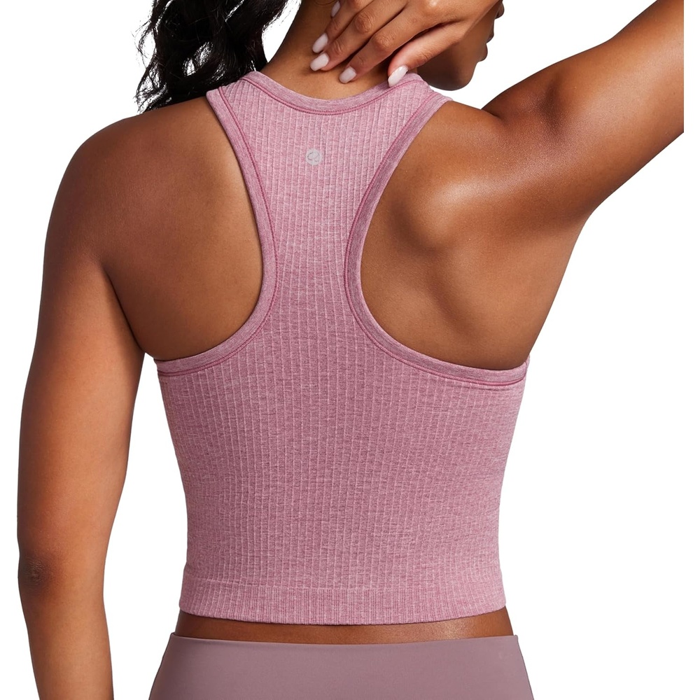 image:imageCRZ YOGA Seamless Ribbed High Neck Crop Tank Tops for Women Longline Racerback Padded Sports BrasMisty Merlot Heather
