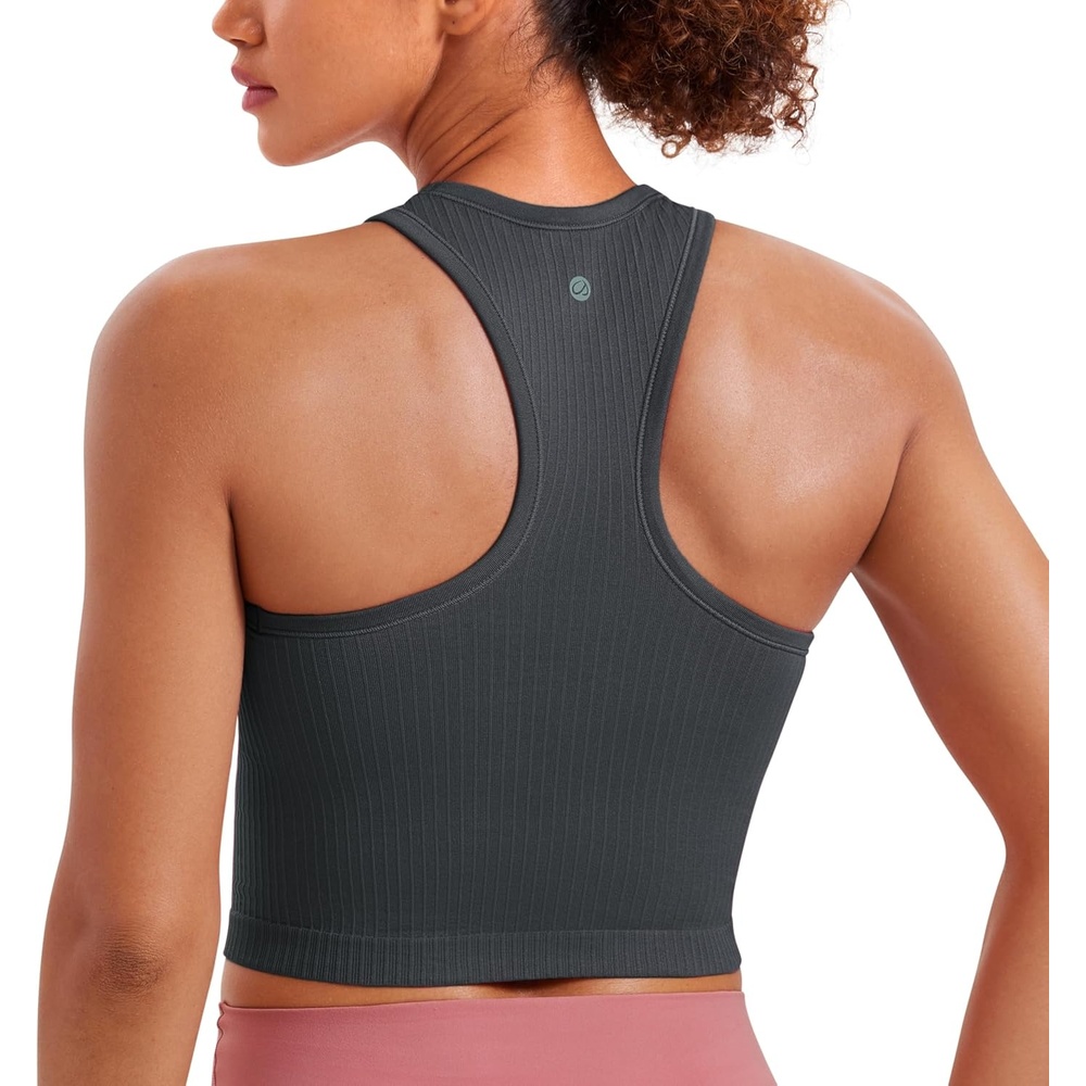 image:imageCRZ YOGA Seamless Ribbed High Neck Crop Tank Tops for Women Longline Racerback Padded Sports BrasMysterious Grey