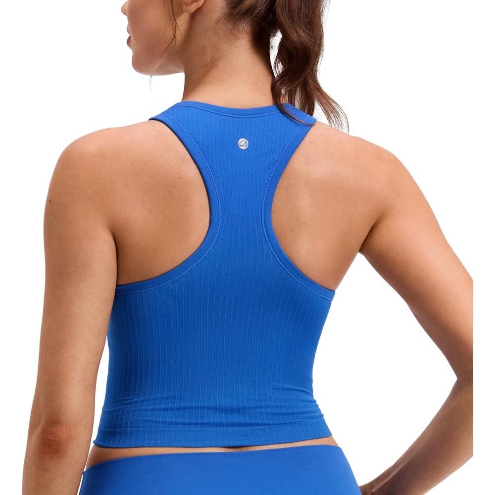 image:imageCRZ YOGA Seamless Ribbed High Neck Crop Tank Tops for Women Longline Racerback Padded Sports BrasSparkle Blue