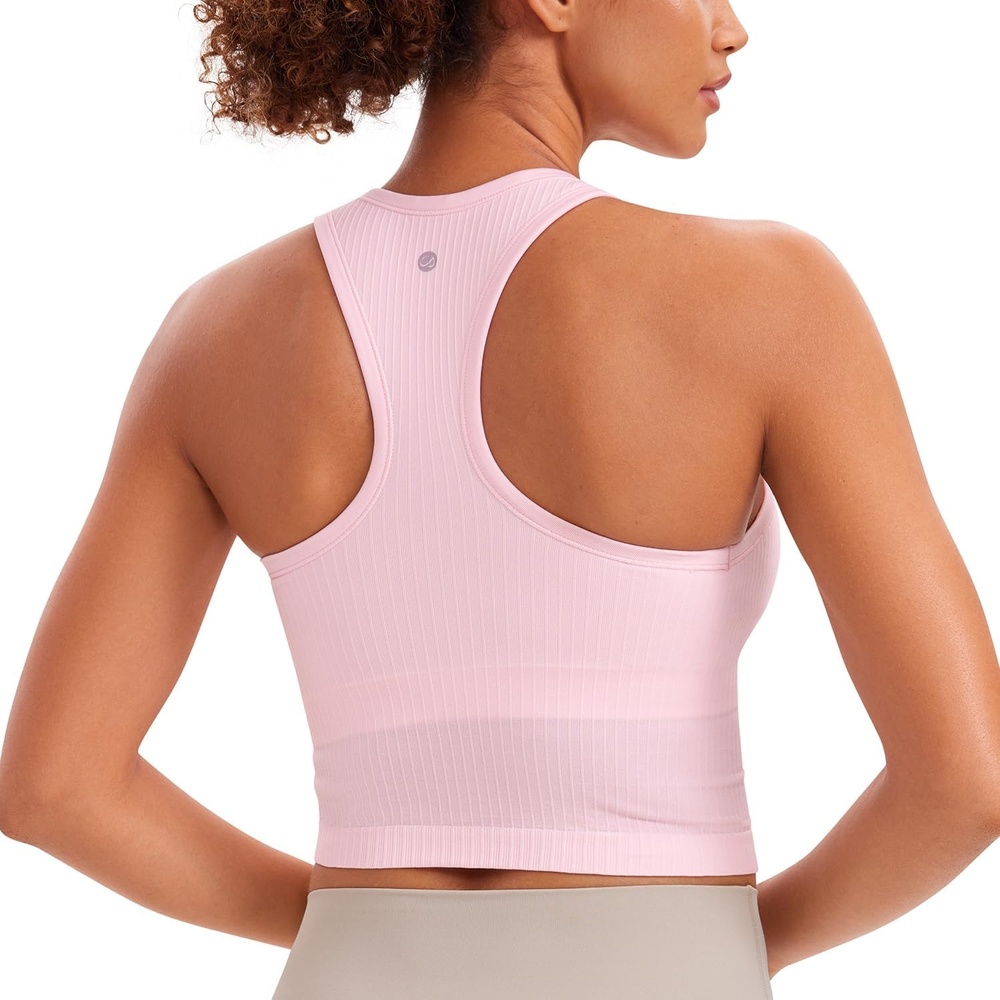 image:imageCRZ YOGA Seamless Ribbed High Neck Crop Tank Tops for Women Longline Racerback Padded Sports BrasStrawberry Pink