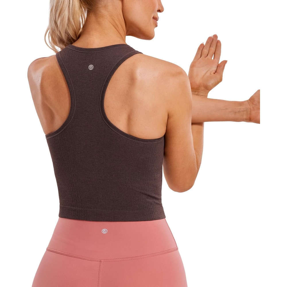 image:imageCRZ YOGA Seamless Ribbed High Neck Crop Tank Tops for Women Longline Racerback Padded Sports BrasTaupe