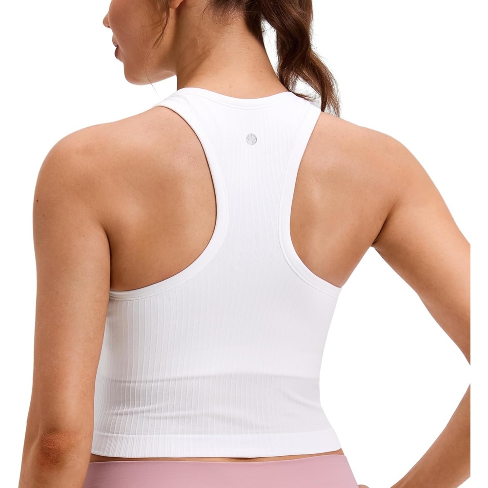 image:imageCRZ YOGA Seamless Ribbed High Neck Crop Tank Tops for Women Longline Racerback Padded Sports BrasWhite