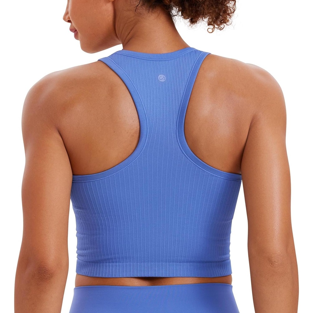 image:imageCRZ YOGA Seamless Ribbed High Neck Crop Tank Tops for Women Longline Racerback Padded Sports BrasWild Indigo