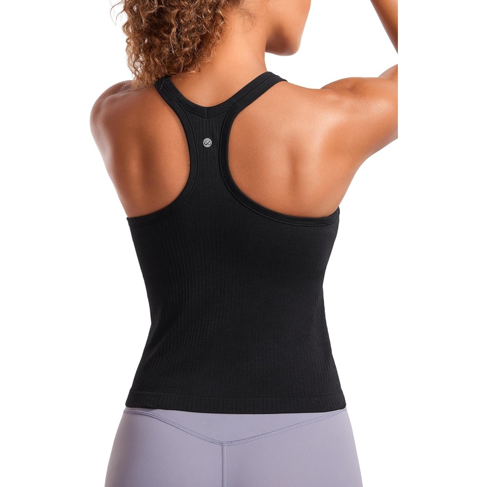 image:imageCRZ YOGA Seamless Ribbed Scoop Neck Tank Top for Women Workout Racerback Padded Athletic Camisole with Built in BraBlack