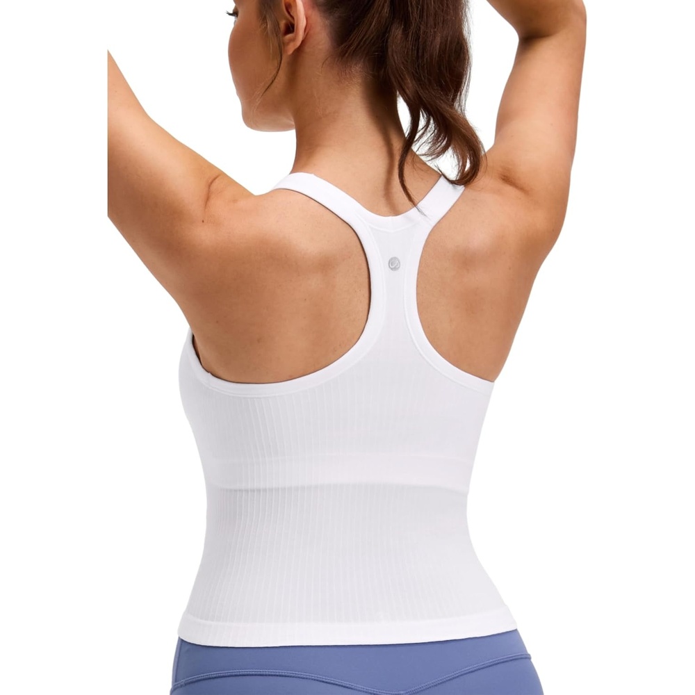image:imageCRZ YOGA Seamless Ribbed Scoop Neck Tank Top for Women Workout Racerback Padded Athletic Camisole with Built in BraWhite