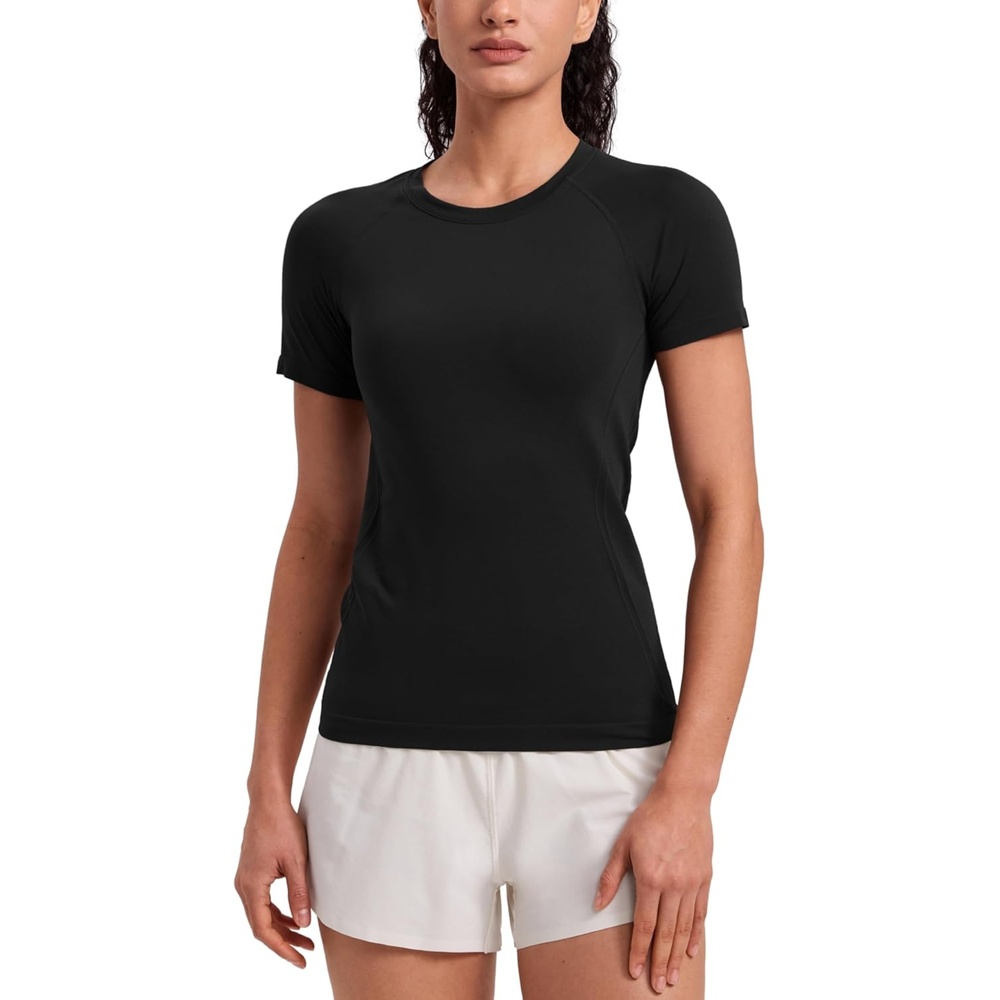image:imageCRZ YOGA Seamless Workout Tops for Women Hip Length Athletic Running Gym Yoga Short Sleeve Shirts Breathable Crewneck TeesBlack