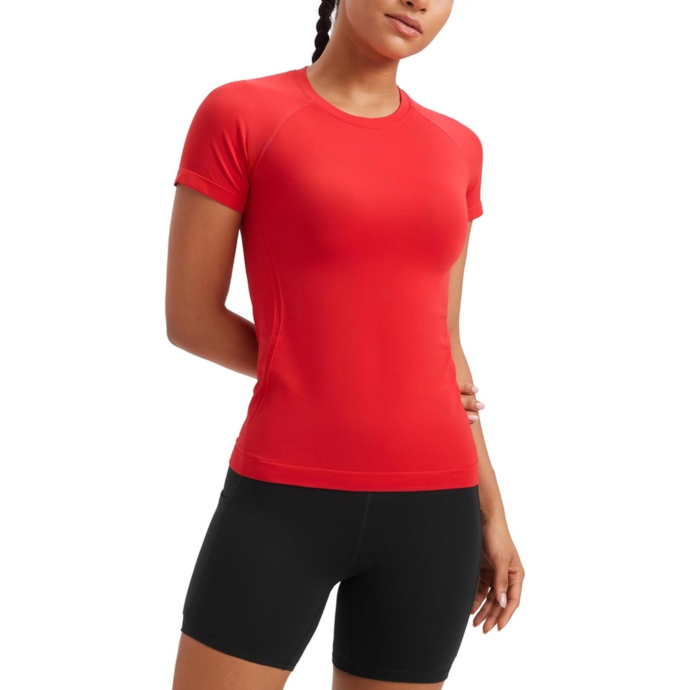 image:imageCRZ YOGA Seamless Workout Tops for Women Hip Length Athletic Running Gym Yoga Short Sleeve Shirts Breathable Crewneck TeesDeep Red