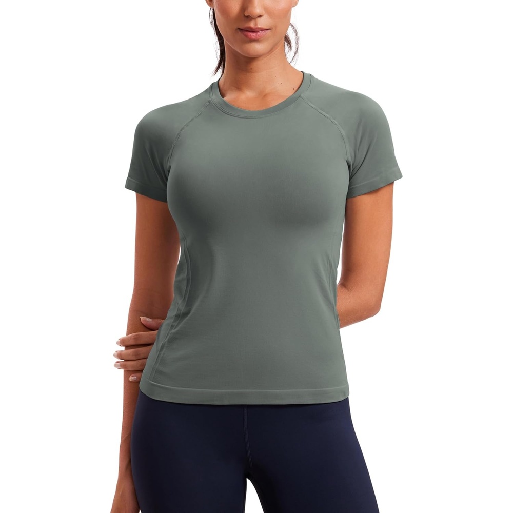 image:imageCRZ YOGA Seamless Workout Tops for Women Hip Length Athletic Running Gym Yoga Short Sleeve Shirts Breathable Crewneck TeesGrey Sage