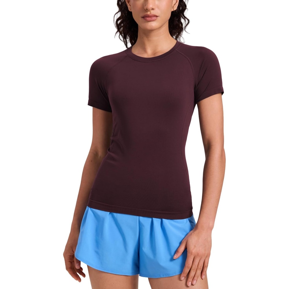 image:imageCRZ YOGA Seamless Workout Tops for Women Hip Length Athletic Running Gym Yoga Short Sleeve Shirts Breathable Crewneck TeesRipe Plum