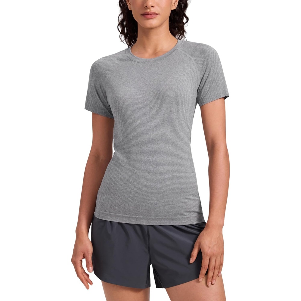 image:imageCRZ YOGA Seamless Workout Tops for Women Hip Length  Athletic Running Gym Yoga Short Sleeve Shirts Breathable Crewneck TeesSlate Grey Marl