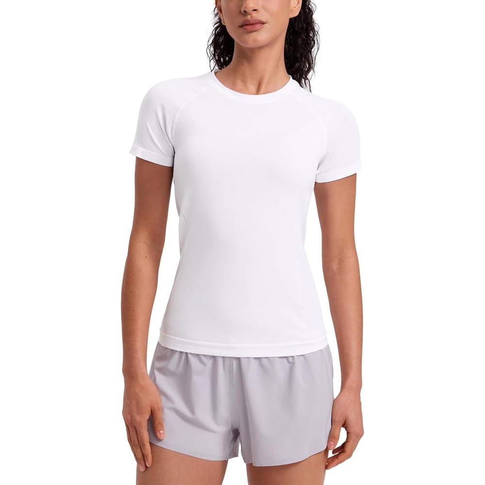 image:imageCRZ YOGA Seamless Workout Tops for Women Hip Length  Athletic Running Gym Yoga Short Sleeve Shirts Breathable Crewneck TeesWhite