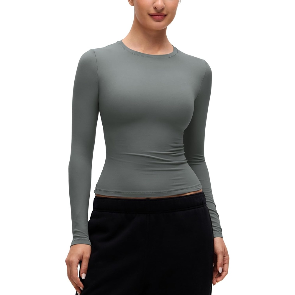 image:imageCRZ YOGA Softembrace Crewneck Long Sleeve Shirts for Women Workout Casual Going Out Tops Soft Fitted Tight Fall TShirtsGrey Sage