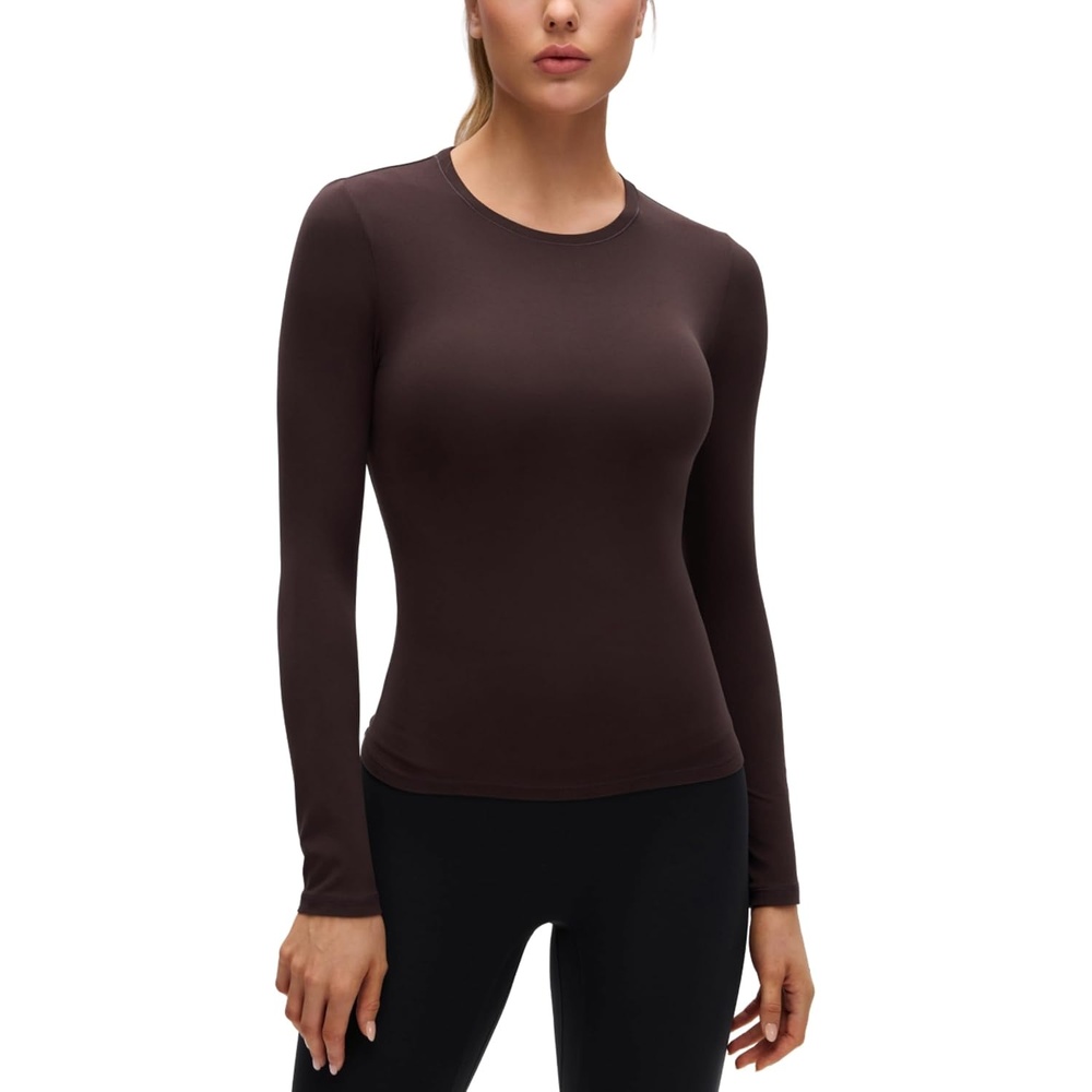 image:imageCRZ YOGA Softembrace Crewneck Long Sleeve Shirts for Women Workout Casual Going Out Tops Soft Fitted Tight Fall TShirtsHot Fudge Brown