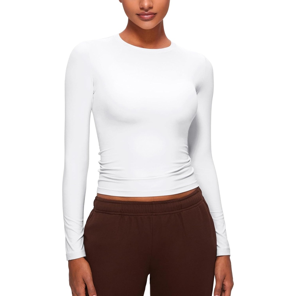 image:imageCRZ YOGA Softembrace Crewneck Long Sleeve Shirts for Women Workout Casual Going Out Tops Soft Fitted Tight Fall TShirtsWhite