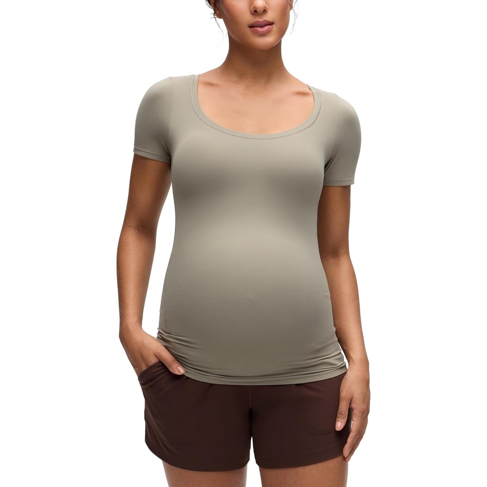 image:imageCRZ YOGA Softembrace Maternity U Neck Short Sleeve Shirts Casual Pregnancy Tops Soft Work Going Out Basic TShirt for WomenWarm Ash Grey